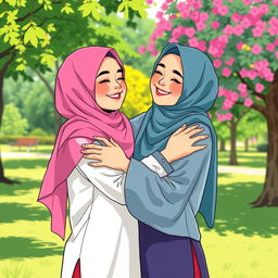 A colorful and vibrant illustration of two Muslim girls playfully embracing each other