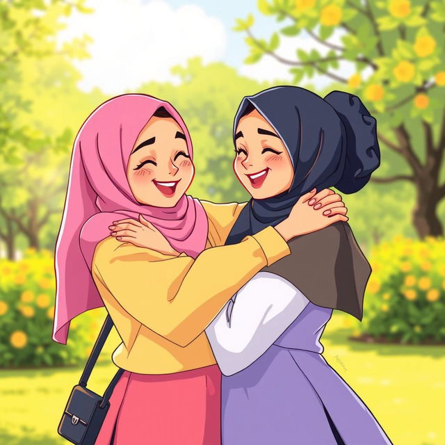 A colorful and vibrant illustration of two Muslim girls playfully embracing each other