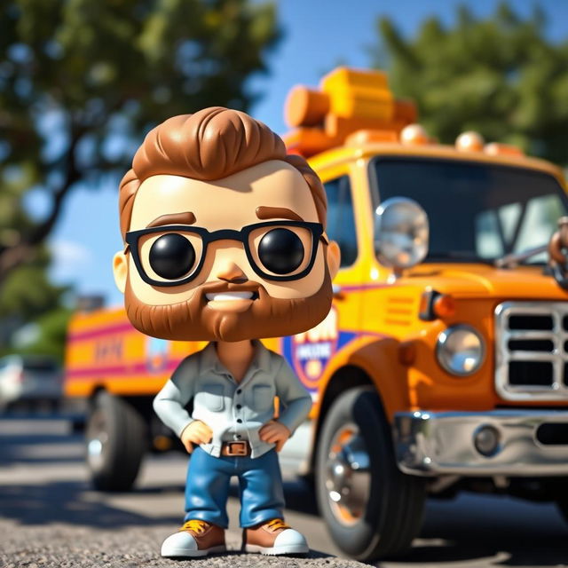 A Funko Pop figure of a 40-year-old man, featuring a cheerful expression and characteristic details like a beard and glasses, wearing a casual outfit