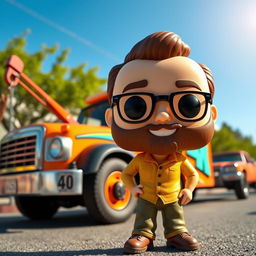 A Funko Pop figure of a 40-year-old man, featuring a cheerful expression and characteristic details like a beard and glasses, wearing a casual outfit
