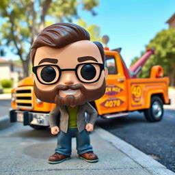 A Funko Pop figure of a 40-year-old man, featuring a cheerful expression and characteristic details like a beard and glasses, wearing a casual outfit