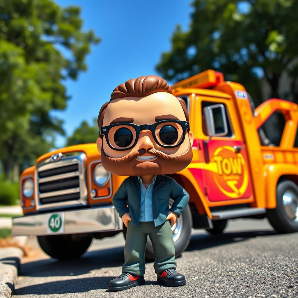 A Funko Pop figure of a 40-year-old man, featuring a cheerful expression and characteristic details like a beard and glasses, wearing a casual outfit