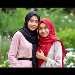A graceful and serene image featuring two Muslim girls in a beautiful outdoor setting