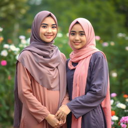 A graceful and serene image featuring two Muslim girls in a beautiful outdoor setting