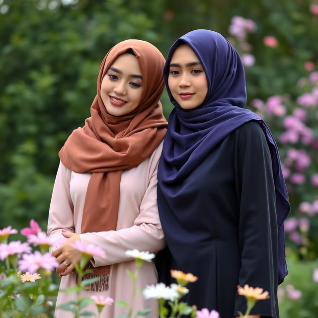 A graceful and serene image featuring two Muslim girls in a beautiful outdoor setting