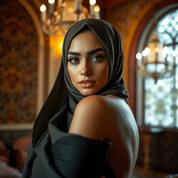 A sensual portrait of a Muslim woman, showcasing her beauty in an elegant manner while wearing a stylish hijab