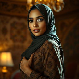 A sensual portrait of a Muslim woman, showcasing her beauty in an elegant manner while wearing a stylish hijab