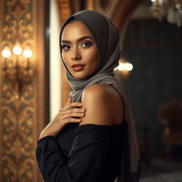 A sensual portrait of a Muslim woman, showcasing her beauty in an elegant manner while wearing a stylish hijab