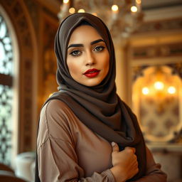 A sensual portrait of a Muslim woman, showcasing her beauty in an elegant manner while wearing a stylish hijab