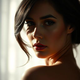 A close-up artistic portrait of a woman with an emphasis on her confident and alluring pose, tastefully showcasing her silhouette
