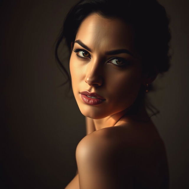 A close-up artistic portrait of a woman with an emphasis on her confident and alluring pose, tastefully showcasing her silhouette