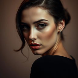A close-up artistic portrait of a woman with an emphasis on her confident and alluring pose, tastefully showcasing her silhouette