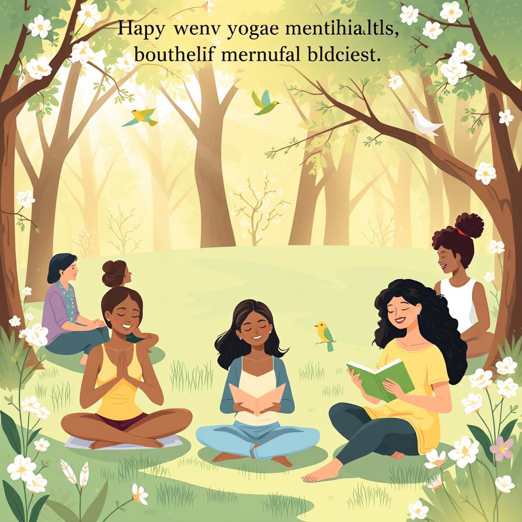 A serene and uplifting illustration promoting mental health awareness, featuring a diverse group of individuals sitting in a tranquil park setting, engaging in positive activities such as yoga, meditation, and reading