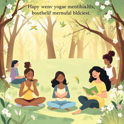 A serene and uplifting illustration promoting mental health awareness, featuring a diverse group of individuals sitting in a tranquil park setting, engaging in positive activities such as yoga, meditation, and reading