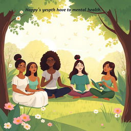 A serene and uplifting illustration promoting mental health awareness, featuring a diverse group of individuals sitting in a tranquil park setting, engaging in positive activities such as yoga, meditation, and reading