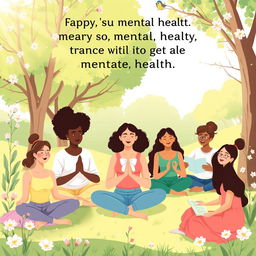 A serene and uplifting illustration promoting mental health awareness, featuring a diverse group of individuals sitting in a tranquil park setting, engaging in positive activities such as yoga, meditation, and reading