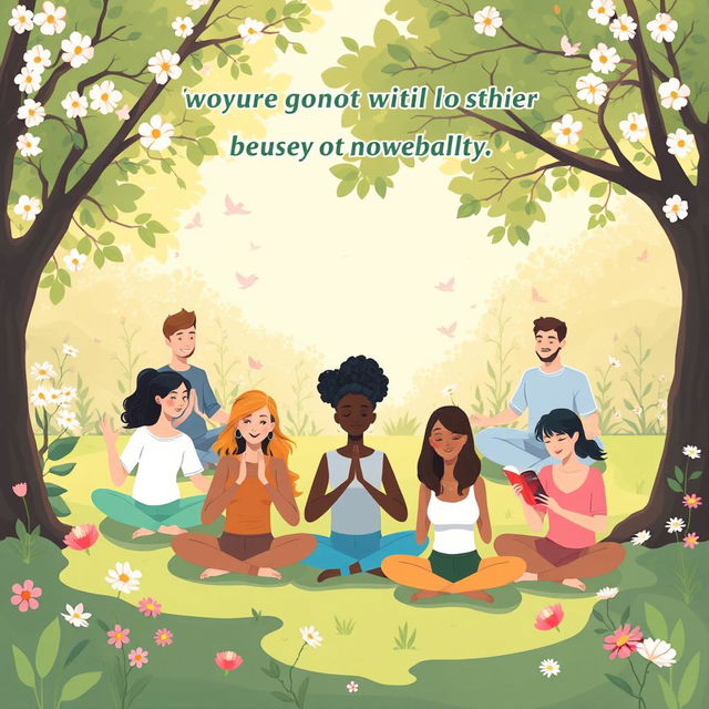 A serene and uplifting illustration promoting mental health awareness, featuring a diverse group of individuals sitting in a tranquil park setting, engaging in positive activities such as yoga, meditation, and reading