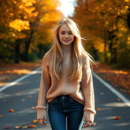 A thin teenage girl with long blond hair, wearing a cozy knitted shirt and jeans, walking down a picturesque road surrounded by vibrant autumn foliage