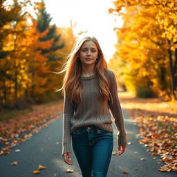 A thin teenage girl with long blond hair, wearing a cozy knitted shirt and jeans, walking down a picturesque road surrounded by vibrant autumn foliage