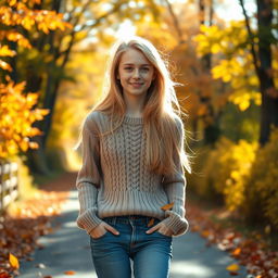 A thin teenage girl with long blond hair, wearing a cozy knitted shirt and jeans, walking down a picturesque road surrounded by vibrant autumn foliage
