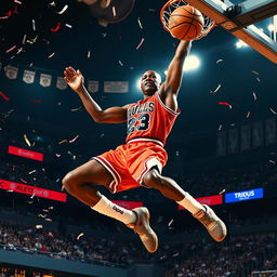 A dynamic and energetic portrait of Michael Jordan, portraying him in mid-air during an iconic slam dunk