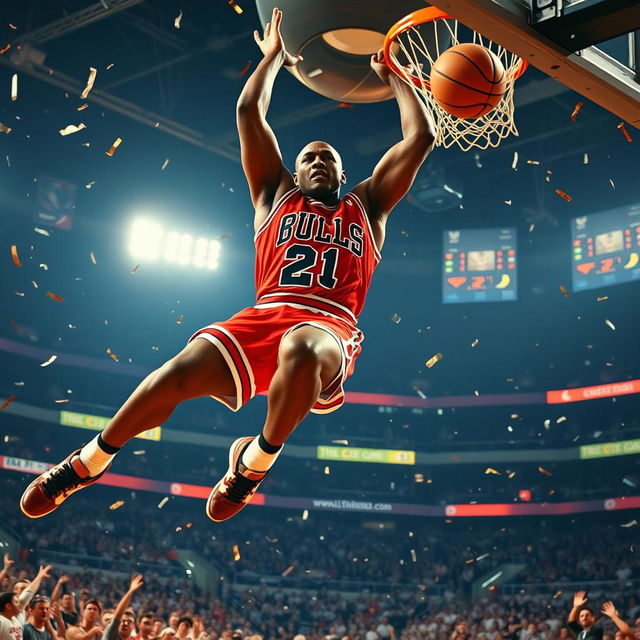 A dynamic and energetic portrait of Michael Jordan, portraying him in mid-air during an iconic slam dunk