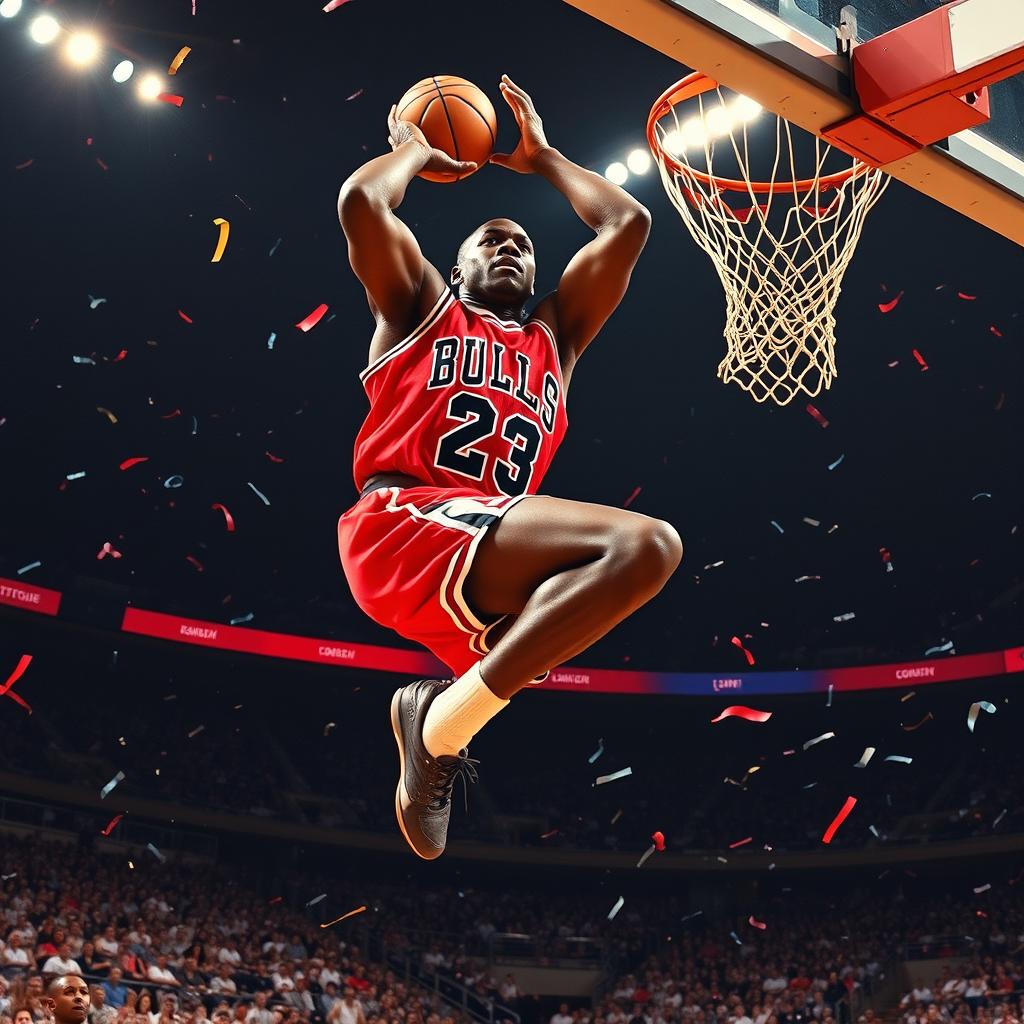 A dynamic and energetic portrait of Michael Jordan, portraying him in mid-air during an iconic slam dunk