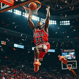 A dynamic and energetic portrait of Michael Jordan, portraying him in mid-air during an iconic slam dunk