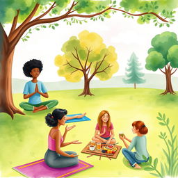 A vibrant scene depicting a diverse group of individuals in a serene park setting, engaging in various activities that promote mental health