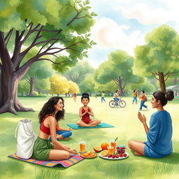 A vibrant scene depicting a diverse group of individuals in a serene park setting, engaging in various activities that promote mental health