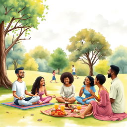 A vibrant scene depicting a diverse group of individuals in a serene park setting, engaging in various activities that promote mental health