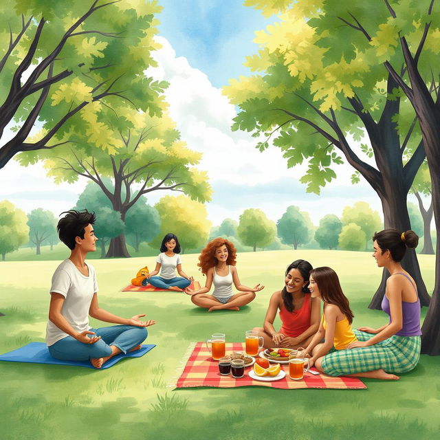 A vibrant scene depicting a diverse group of individuals in a serene park setting, engaging in various activities that promote mental health