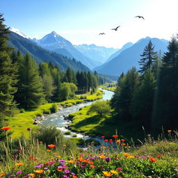 A serene and tranquil nature scene featuring a lush green landscape with vibrant wildflowers and a clear blue sky