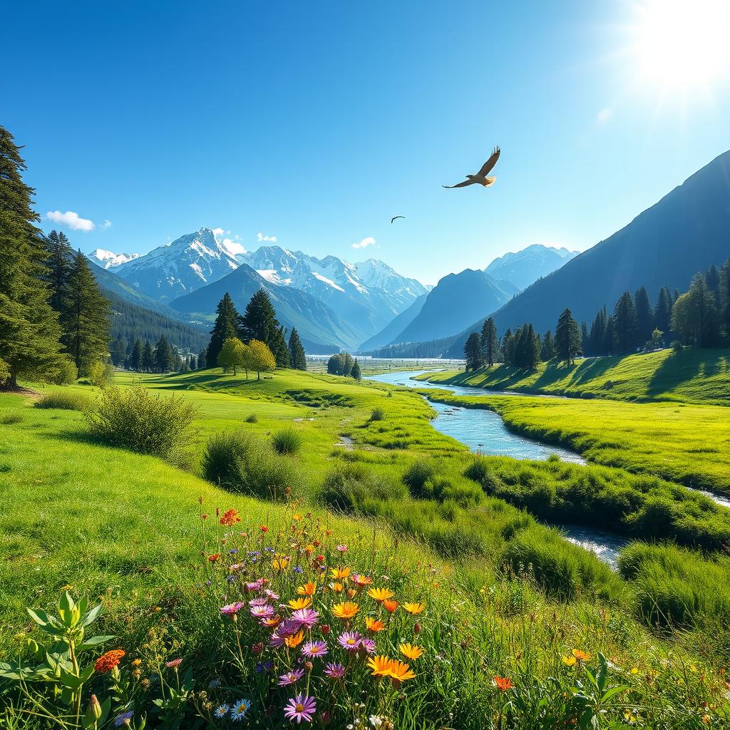 A serene and tranquil nature scene featuring a lush green landscape with vibrant wildflowers and a clear blue sky