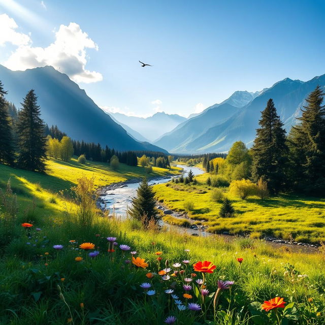 A serene and tranquil nature scene featuring a lush green landscape with vibrant wildflowers and a clear blue sky