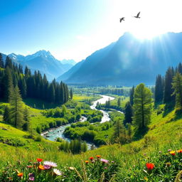 A serene and tranquil nature scene featuring a lush green landscape with vibrant wildflowers and a clear blue sky