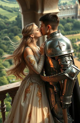A young queen with flowing long hair, wearing an elegant, ornate gown adorned with gold and silver embroidery, passionately kissing a fierce female knight