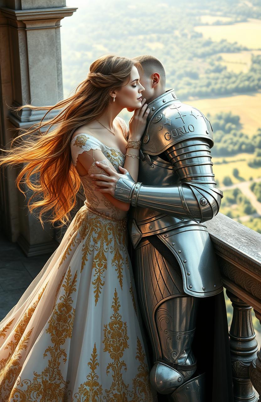 A young queen with flowing long hair, wearing an elegant, ornate gown adorned with gold and silver embroidery, passionately kissing a fierce female knight