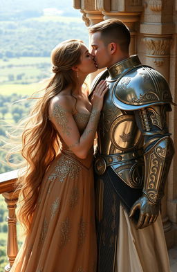 A young queen with flowing long hair, wearing an elegant, ornate gown adorned with gold and silver embroidery, passionately kissing a fierce female knight