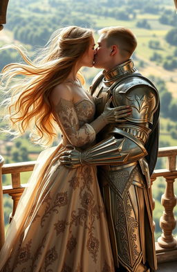 A young queen with flowing long hair, wearing an elegant, ornate gown adorned with gold and silver embroidery, passionately kissing a fierce female knight