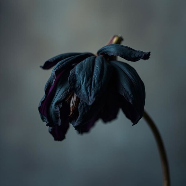 A withering black flower, featuring drooping petals and a dark, melancholic atmosphere