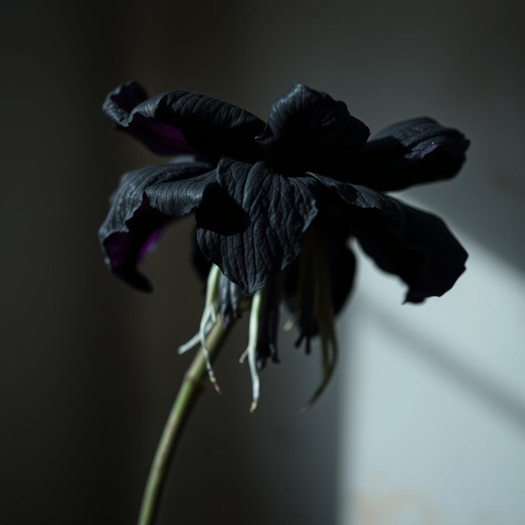 A withering black flower, featuring drooping petals and a dark, melancholic atmosphere