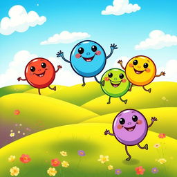 A whimsical illustration of a cartoonish character shaped like a round balloon, bouncing happily in a vibrant, colorful landscape