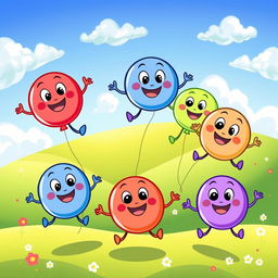 A whimsical illustration of a cartoonish character shaped like a round balloon, bouncing happily in a vibrant, colorful landscape