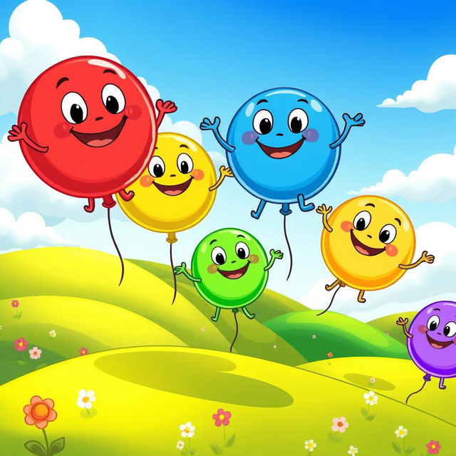 A whimsical illustration of a cartoonish character shaped like a round balloon, bouncing happily in a vibrant, colorful landscape