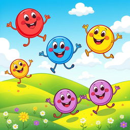 A whimsical illustration of a cartoonish character shaped like a round balloon, bouncing happily in a vibrant, colorful landscape