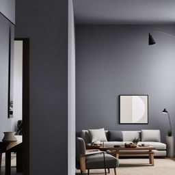 A cozy living room with sleek grey walls, a comfortable couch and armchair, alongside a well-set dining table.