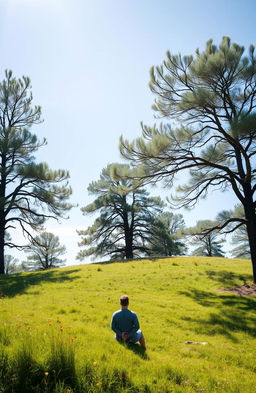 a serene landscape with a lone figure sitting on a grassy hill listening to the sounds of nature, surrounded by gently swaying trees, colorful wildflowers, and a clear blue sky, soft sunlight filtering through the leaves, creating a peaceful atmosphere