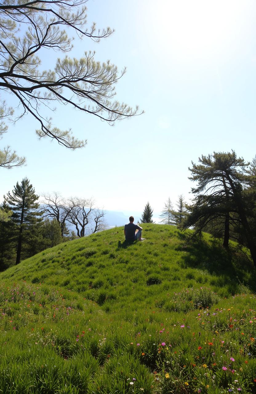 a serene landscape with a lone figure sitting on a grassy hill listening to the sounds of nature, surrounded by gently swaying trees, colorful wildflowers, and a clear blue sky, soft sunlight filtering through the leaves, creating a peaceful atmosphere