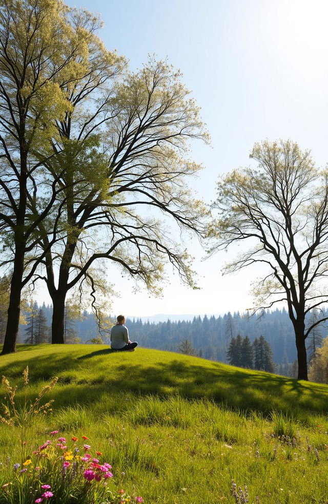 a serene landscape with a lone figure sitting on a grassy hill listening to the sounds of nature, surrounded by gently swaying trees, colorful wildflowers, and a clear blue sky, soft sunlight filtering through the leaves, creating a peaceful atmosphere